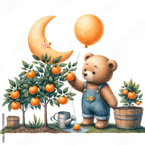 Teddy bear harvesting ripe oranges under a smiling crescent moon holding a balloon, concept of whimsy and childhood fantasy  © Tuzki