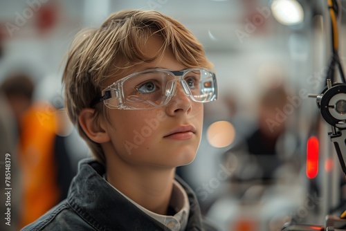 a boy looks into the distance near a machine while a crowd watches