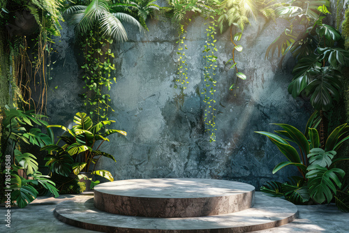 A round podium with a tropical jungle theme, surrounded by lush greenery and misty waterfalls. Created with Ai