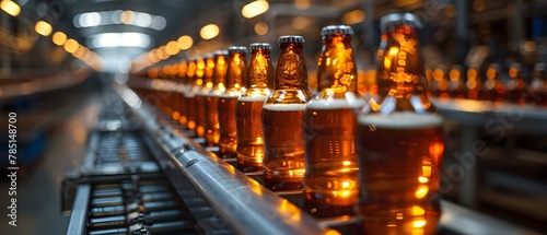 Craft Beer Bottling Symphony on Conveyor Belt. Concept Brewery operations, Craft beer production, Bottling process, Conveyor belt efficiency, Symphony instrumentation