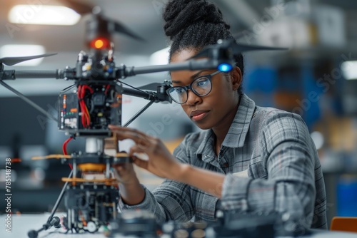 young african american female engineer with futuristic drone on desk in factory