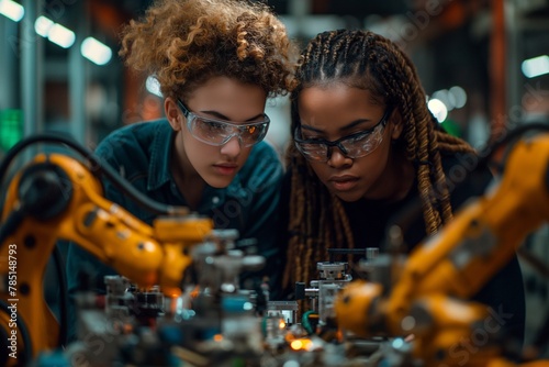 two girls work on robots in a factory and then looking for jobs