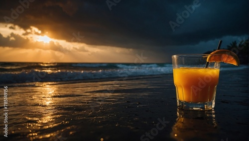 A glasses of freshly squeezed orange juice on beautiful, tropical beach with stormy, dark sky in the background © Konrad
