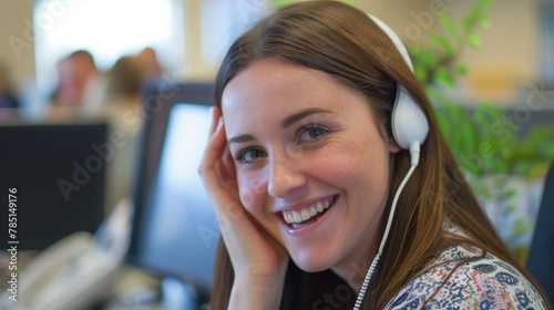 a woman with headphones smiling in front of some computers