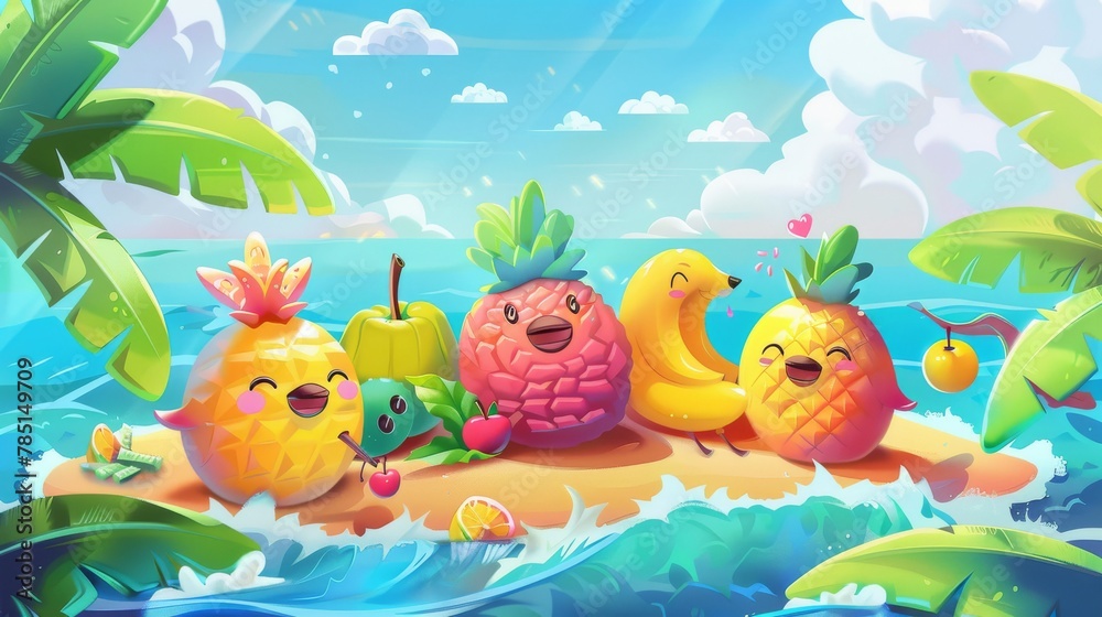 This summer illustration shows cartoon fruits relaxing on a tropical island while having fun.