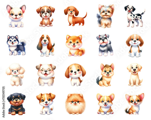 Set of watercolor cute dogs. Cute dog breeds collection. Dog days concept.