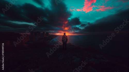AI generated illustration of a person standing on hill gazing at the ocean and orange sky