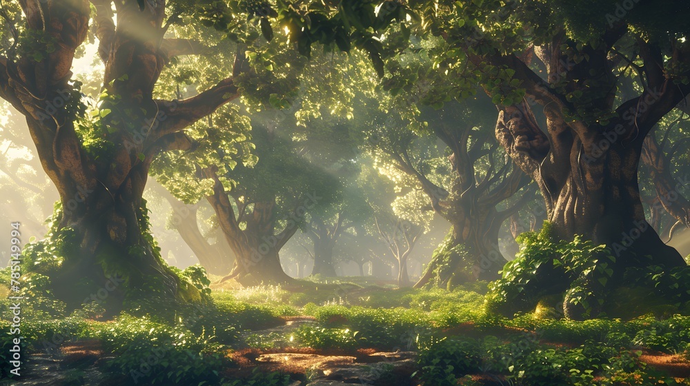 Forest Sunlight Filtered Through Trees on Misty Morning - obrazy, fototapety, plakaty 