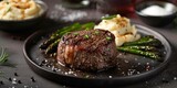 Tender steak with a side of creamy mashed potatoes and fresh asparagus. Satisfying and flavorful meal