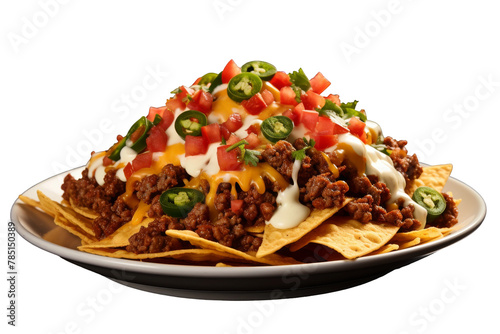 Savory Symphony: Delectable Plate of Nachos Overflowing With Meat and Cheese. On White or PNG Transparent Background.