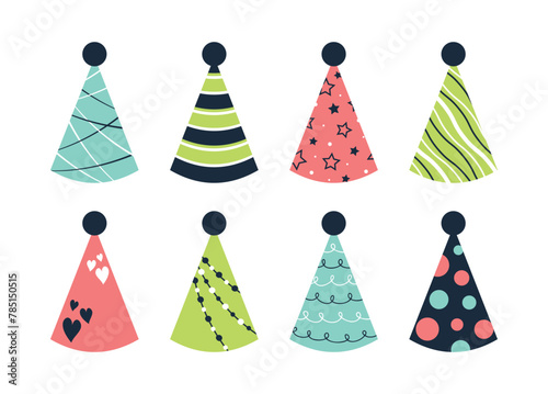Vector flat set of party hats isolated on white background