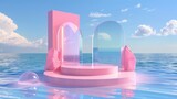 The design is a 3D surreal summer beach scene featuring a large platform and a square stage. Behind the stage is a glass wall separating the space.