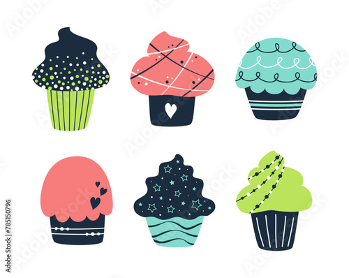 Set of vector flat cupcakes isolated on white background