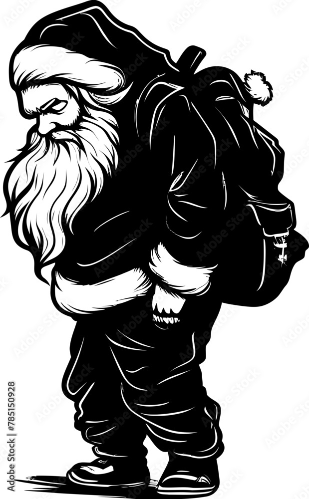 Fototapeta premium Tired Kris Kringle Shoulder Borne Icon Santas Strain Laden Sack Emblem