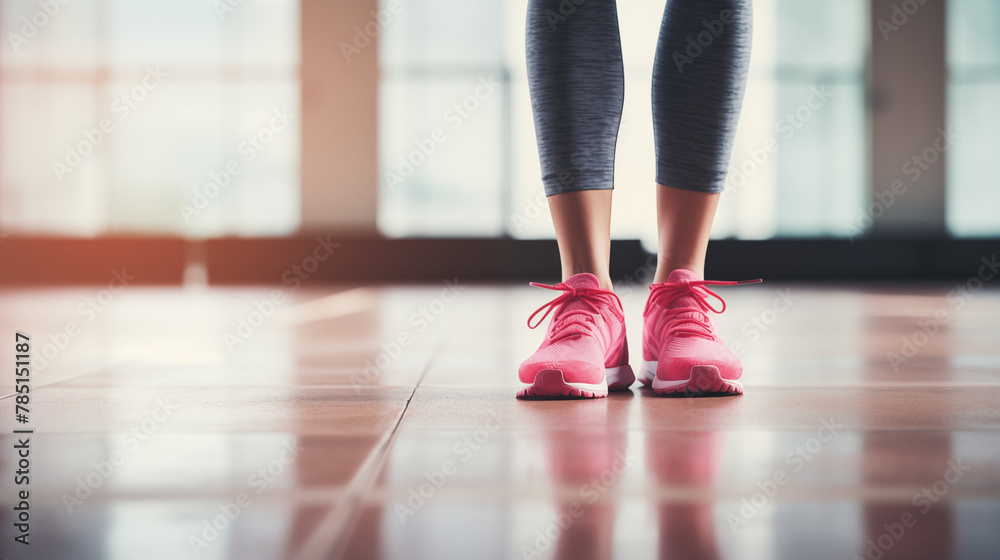 woman's leg with pink shoes in gym
woman's leg with pink shoes in gym
