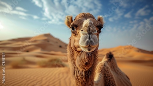 AI-generated illustration of a Close-up of a camel in desert sand photo