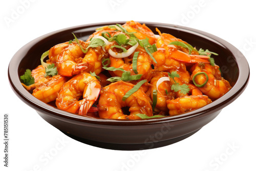 Savory Shrimp Medley in a Rustic Brown Bowl. On White or PNG Transparent Background.