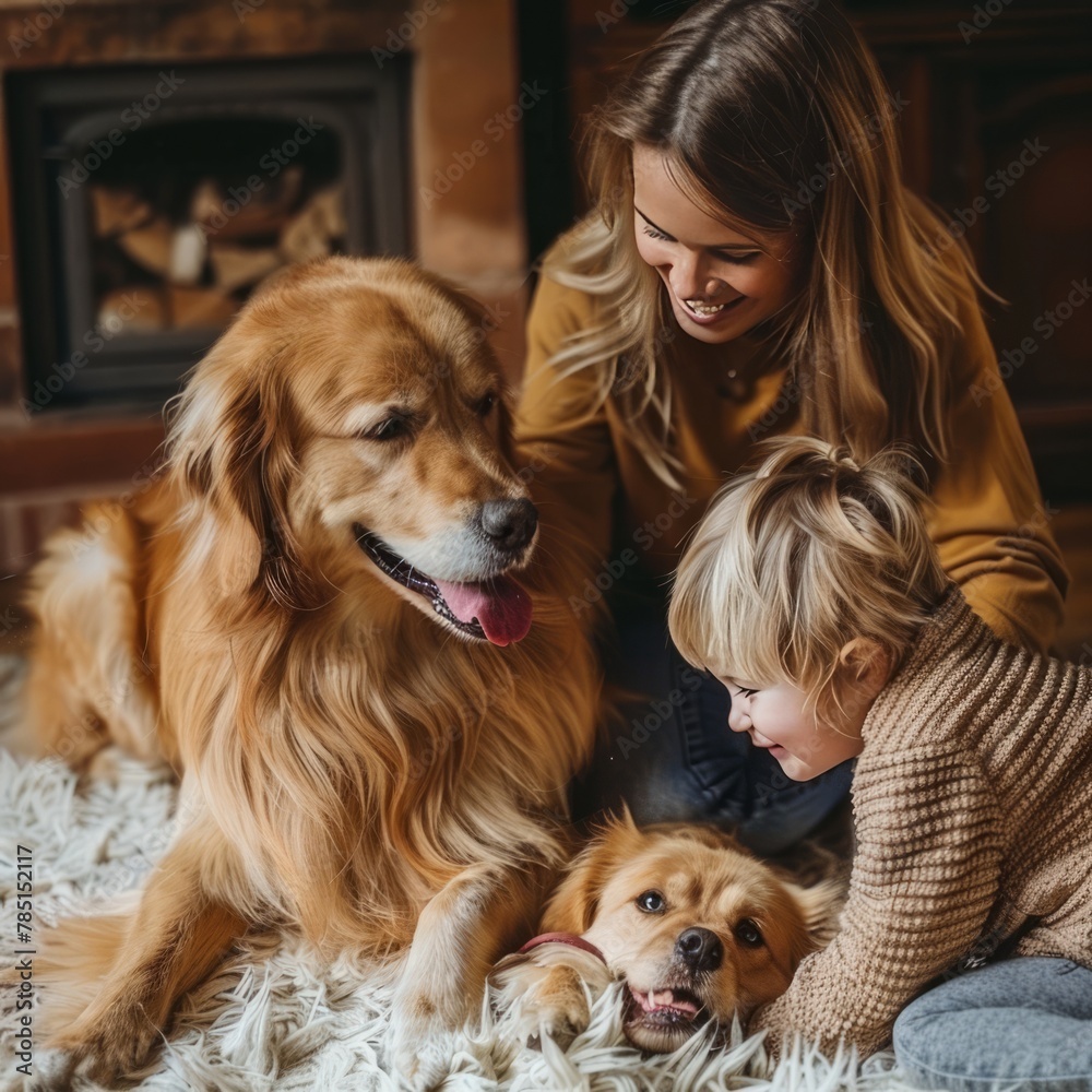 Woman and Two Children Petting a Dog