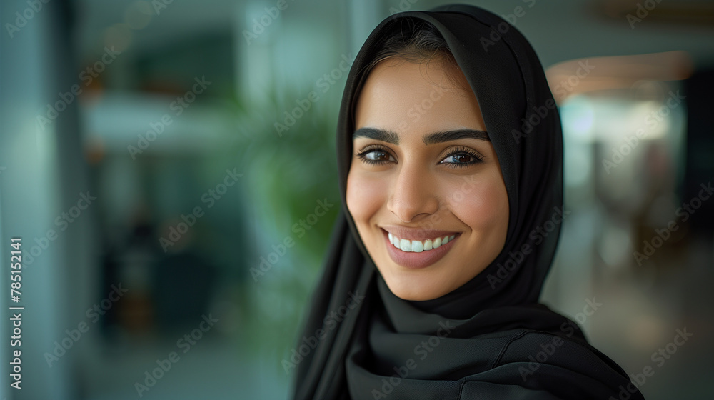 A smiling Arab businesswoman Wearing UAE Emirati Traditional Dress, black abaya, stands  in her office, Arabian Pretty Woman in the Emirates, generative ai.