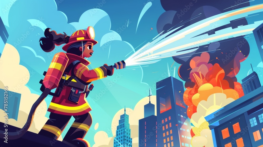 Obraz premium Illustration of a firefighter putting out a fire with a hose as she throws water on a burning skyscraper.
