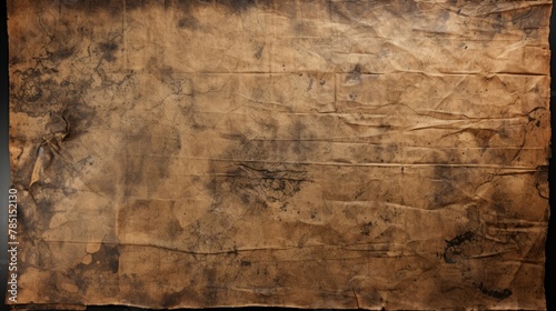 Sheet of aged paper stained with black ink, background, copy space.