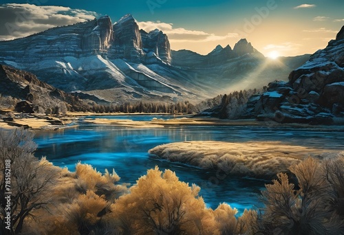 an image of the sun going down over the mountains by the river photo