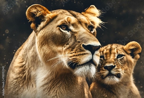 a lion and its cub are staring over an empty area