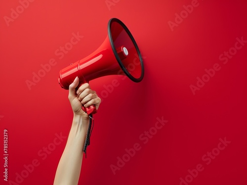 Hand holding a megaphone on a red background. Copy space.