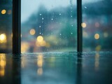 AI generated illustration of raindrops falling from a window on a gloomy day