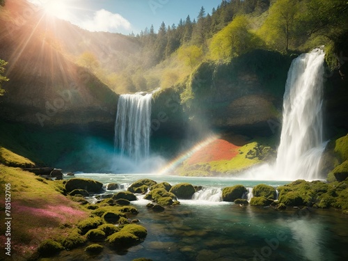AI generated illustration of a waterfall in a lush green forest