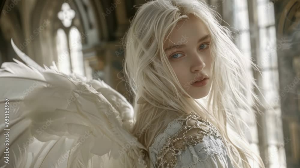 Beautiful sad fallen angel with white hair and wings at old chapel. Pretty girl in mysterious costume. Unhappy female fairy. Attractive model. Gloomy dim light. Beautiful sad fallen angel with white hair and wings at old chapel. Pretty girl in mysterious costume. Unhappy female fairy. Attractive model. Gloomy dim light.