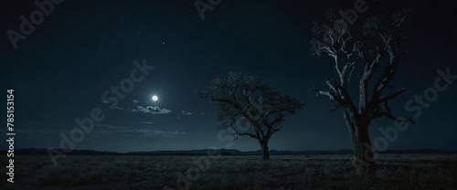 the moon and some trees in a field with the moonlight behind them