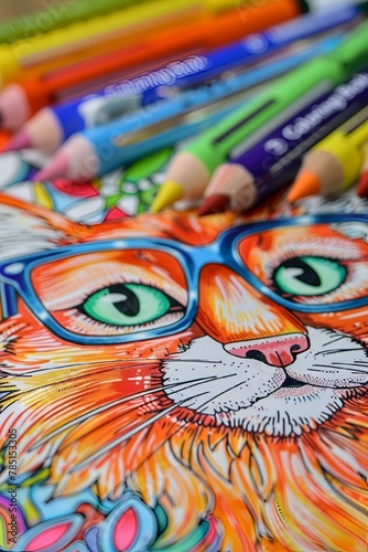 AI generated illustration of a colorful drawing of a fox with glasses