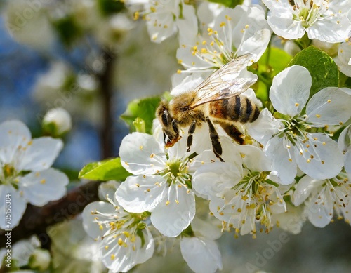close up of flying honey bee, collecting bee pollen from blossom. bee collecting honey. summer and spring backgrounds, white cherry blossoms flying insect, blooming appletree, blooming plumtree, bee,  photo