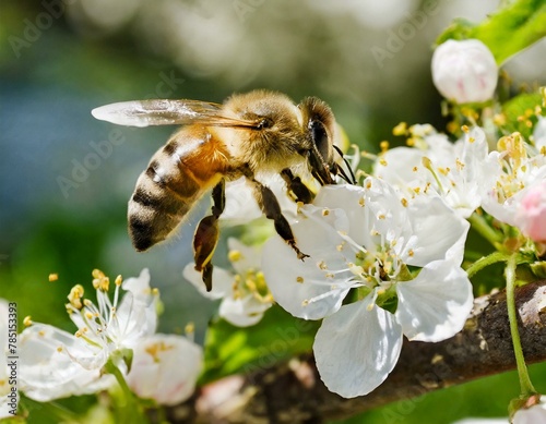 close up of Flying honey bee, collecting bee pollen from blossom. Bee collecting honey. Summer and spring backgrounds, White cherry blossoms Flying insect, blooming appletree, blooming plumtree photo