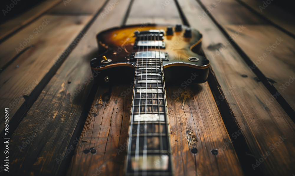 Electric guitar resting on a wooden table, AI-generated. - obrazy, fototapety, plakaty 