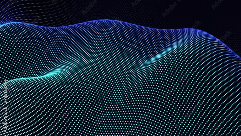 Looped animated futuristic corporate technology abstract background of glowing dots on dark background moving as a fluid shape