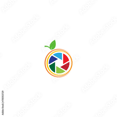 View of a colorful camera shutter logo in an orange isolated on a white background