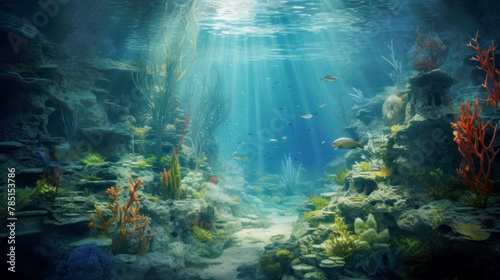 Transparent water of the ocean or sea, corals and fish underwater, seascape.