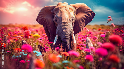 Cute, beautiful elephant in a field with flowers in nature, in sunny pink rays. © ALA