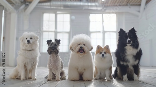 Group of Dogs Sitting on Top of Wooden Floor