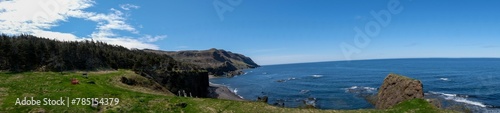 Panoramic view of sea waves crashing against cliffs on beach in Gros Morne National Park in Canada