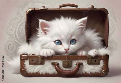 Cute tabby kitten with striking blue eyes stares out from an old, leather suitcase, conveying a sense of adventure and curiosity.