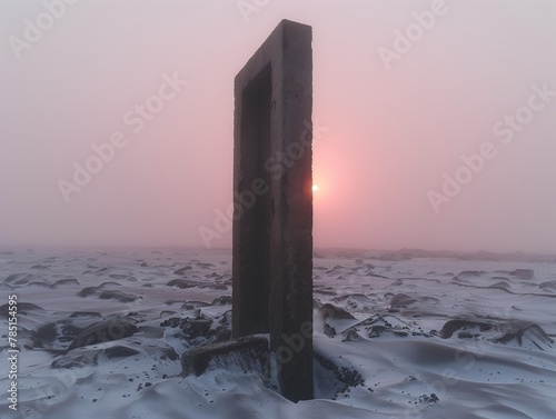a post in the middle of a snowy field on a cold day