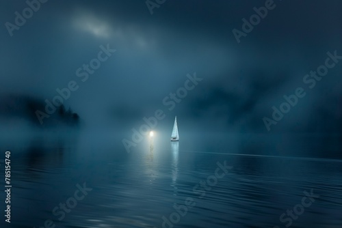 a sailboat is out on the water in the mist