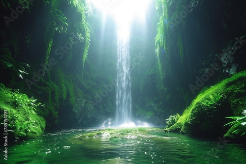 a waterfall in the middle of a jungle area, surrounded by rocks and grass