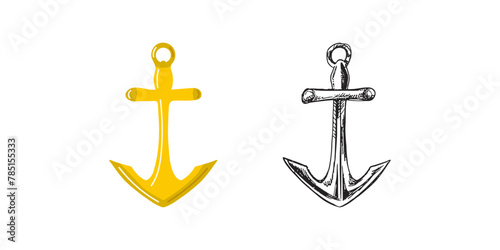 Cute hand drawn ship's anchor. Flat and outline black vector illustration isolated on white background. Doodle drawing.