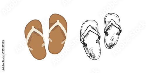 Cute hand drawn flip flops. Flat and outline vector illustration. Doodle drawing.