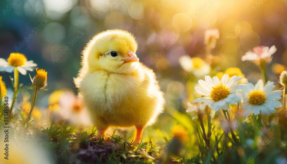 Close-up of small yellow chick in field of grass and blooming flowers. Cute farm bird, animal.