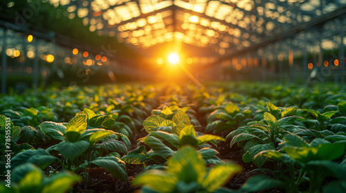Field of green plants in a greenhouse with the sun shining through the leaves